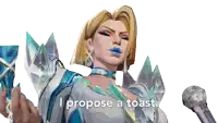 a woman holding a microphone with the words i propose a toast behind her