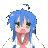a pixel art of a girl with blue hair and green eyes holding her hands up .
