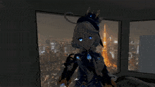 a cartoon character with blue eyes stands in front of a window with a city in the background