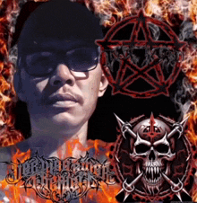 a man wearing sunglasses stands in front of a pentagram and a skull with a crossed sword