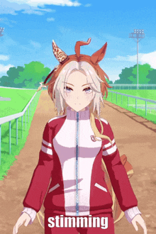 a girl with a horse on her head is walking down a dirt road with the word stimming written on the bottom