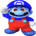 a cartoon character with a blue hat and red overalls