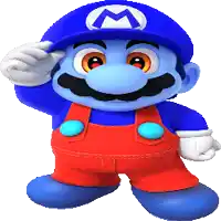 a cartoon character with a blue hat and red overalls