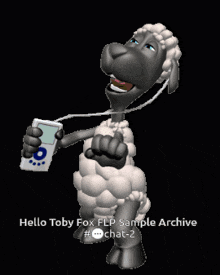 a cartoon of a sheep holding an ipod with the words hello toby fox flp sample archive #chat-2 below it