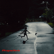 a silhouette of a person running down a street at night with #weaponsmovie written on the bottom