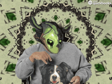 a man wearing a sweater with a picture of a dog and a mask on his face