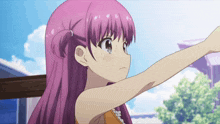 a girl with purple hair is standing in front of a building