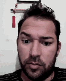 a man with a beard is making a funny face in front of a wall .