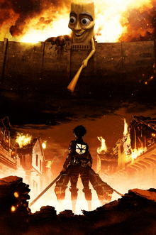 a man with a sword is standing in front of a wall with a cartoon character on it