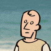 a cartoon drawing of a man with a bald head and a white shirt standing in front of the ocean