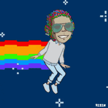 a cartoon of a man wearing sunglasses and a white shirt with a rainbow in the background