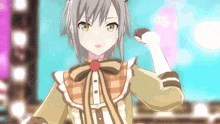 a girl in a plaid dress is holding something in her hand