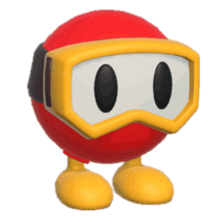 a red ball with yellow feet and goggles on its face