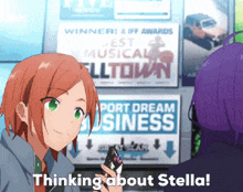 a girl with red hair is standing in front of a sign that says port dream business