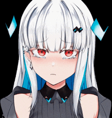 a girl with white hair and red eyes is crying and has a diamond in her hair