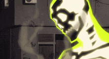 a drawing of a man with the letter m on the wall in the background