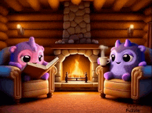 two stuffed animals are sitting in front of a fireplace and reading a book