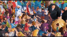 a crowd of cartoon characters are gathered together in a park
