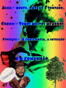 a man with glasses and a beard stands in front of a rainbow background with the words alma mente emocao e vontade