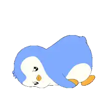 a blue and white penguin laying on its back