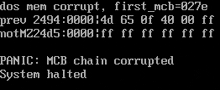 a black screen with white text that says " panic mcb chain corrupted system halted "