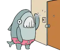 a cartoon shark is standing in front of a door and waving