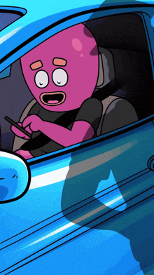 a cartoon character is driving a blue car