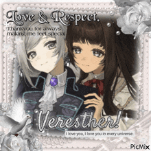 a picture of two anime girls with the words love & respect
