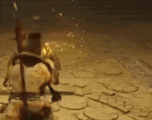 a man in a cowboy hat is holding a sword in a video game scene .