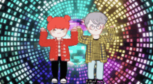 a couple of cartoon characters standing next to each other in front of a disco ball