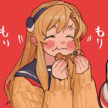 a drawing of a cat eating a cookie with a girl in the background .