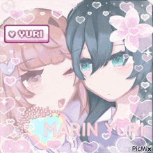 a picture of two anime girls with the name marin yuri written on it