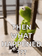 kermit the frog is sitting on a railing with a sign that says `` then what happened '' .
