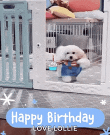 a small white dog is standing in a cage with the words happy birthday love lollie on the bottom .