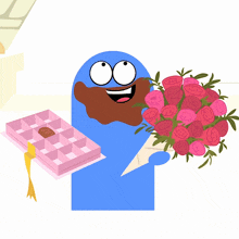a cartoon character is holding a bouquet of pink roses