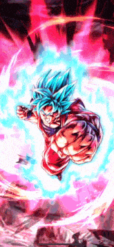 a cartoon character with blue hair is flying through the air with a pink background