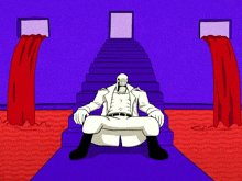 a cartoon of a man in a white suit sitting on a purple staircase