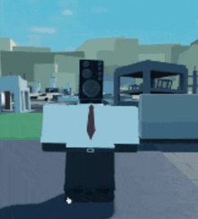 a man in a suit and tie is standing in front of a speaker in a video game