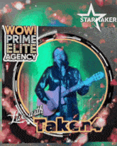 a poster for wow prime elite agency shows a man playing a guitar