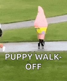 a person in a spongebob costume is walking down a sidewalk with the words puppy walk-off below them