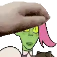 a cartoon character with a green face and pink hair is wearing a hat and holding a dog .