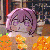 a cartoon of a girl with pink hair and purple eyes is surrounded by oranges