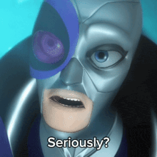 a cartoon character with a mask and the words seriously on the bottom