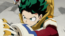 a cartoon character with green hair has the letter l on his glove
