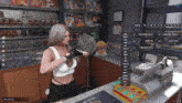 a woman stands at a counter in a store with a sign that says " no cash "