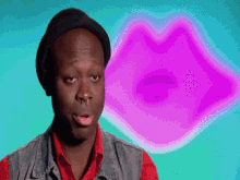 a pixelated image of a man in front of a purple lip