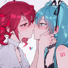a drawing of two girls kissing with the number 01 on their chests