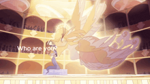 a drawing of a woman kneeling in front of an angel with the words " who are you " written on the bottom