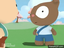 a cartoon character is standing next to another cartoon character in a park .