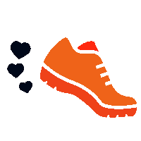 an orange shoe with three black hearts in the background